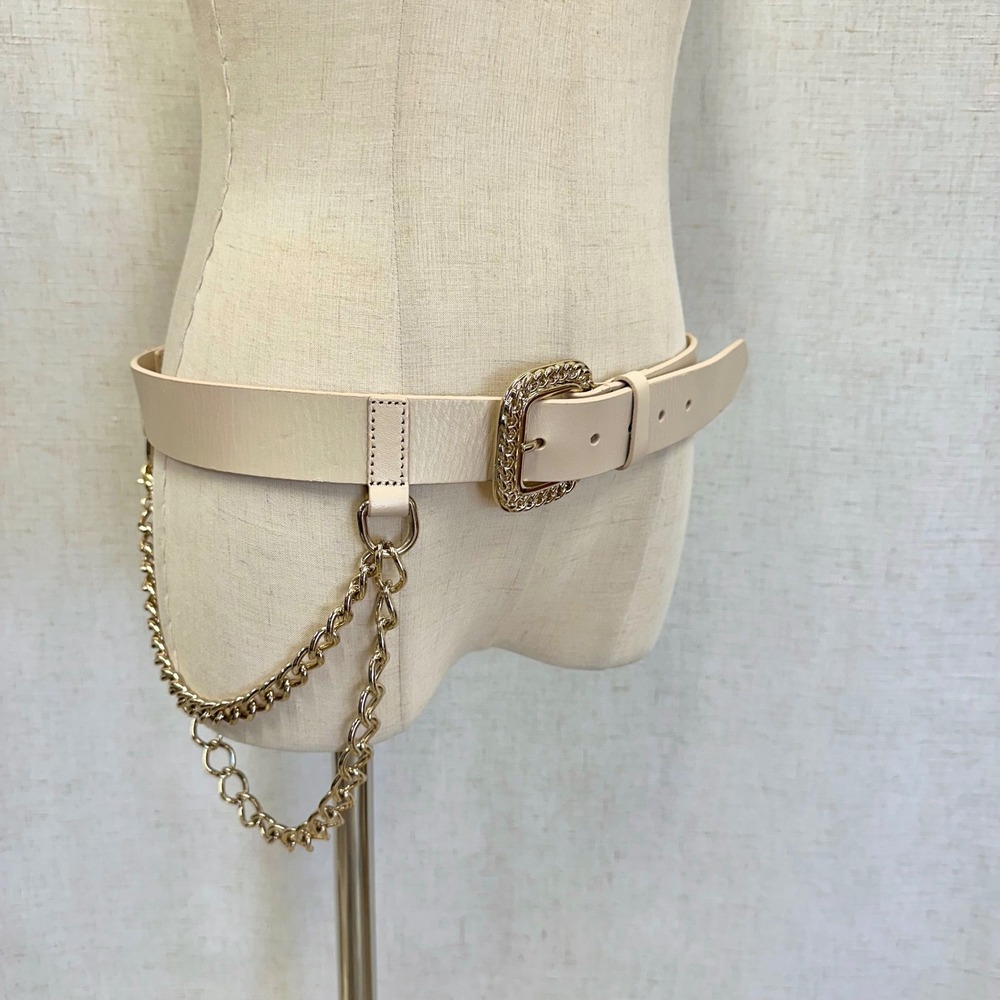 Beige Genuine Leather Chain Belt Gold Tone Buckle Women's Size S/M - Picture 3 of 13